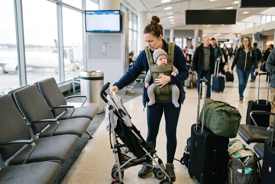 A woman stands in an airport terminal holding a baby in a carrier. She organizes a stroller while people move around in the background. Bags and luggage are nearby