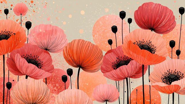 Watercolor poppy flower illustration pattern in pink and orange for design
