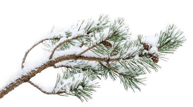 Snow covered pine tree branch with small cones isolated on transparent background