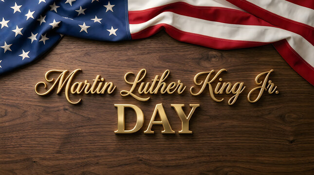 Martin luther king jr. day gold text sign with an american flag on a dark rustic wooden background