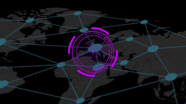 Purple circular digital hud interface over world network map abstract futuristic scanning animation overlaid on a glowing global connection visualization connection scanning futuristic technology