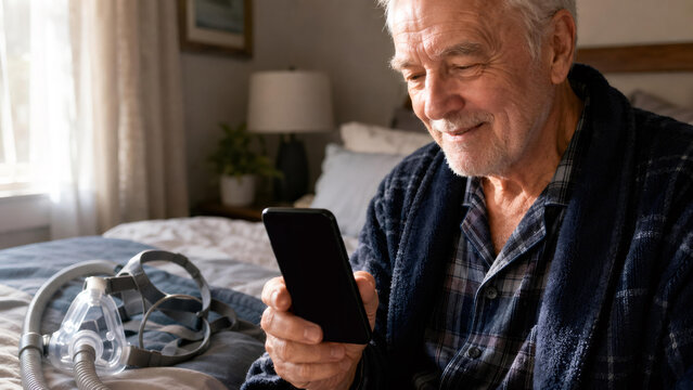 Senior man using smartphone to check health data at home. Elderly patient with cpap mask for sleep apnea monitoring. Telemedicine, digital wellness tracker and remote care technology.