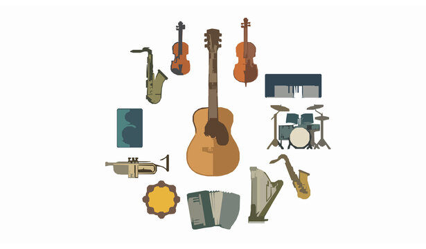 Professional Music Instrument Collection with Guitar Cello Harp and Drums