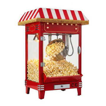 Classic red retro popcorn machine with fresh popcorn isolated on transparent background