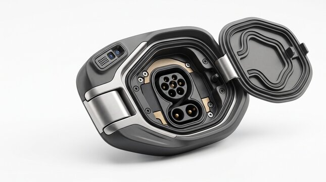 Electric vehicle charging port with open cover, modern EV CCS type 2 connector socket, automotive power inlet for green energy transport
