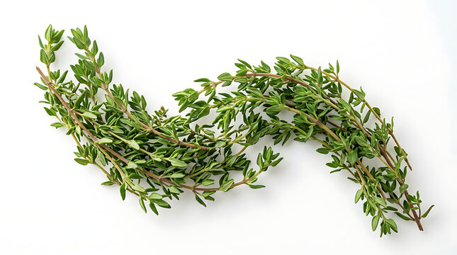 Fresh green thyme herb sprigs with small ovate leaves and woody stems isolated on white background for culinary and herbal uses