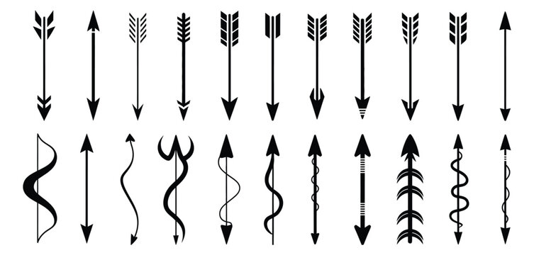 Decorative tribal and archery arrow silhouettes featuring feathered fletching, curved shafts, and sharp arrowheads for vector design