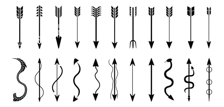 Decorative tribal and archery arrow silhouettes featuring feathered fletching, curved shafts, and sharp arrowheads for vector design
