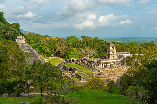 Temple of Inscriptions pyramid and the Palace at sunrise, Palenque, Chiapas, Mexico.