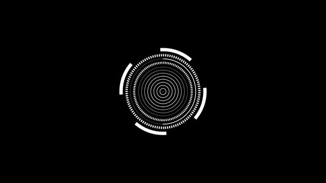 White circular digital scanning hud interface on black background abstract futuristic animation with a glowing graphical display on a dark futuristic technology circle abstract motion