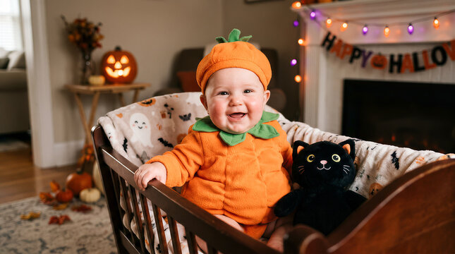 Happy baby wearing soft pumpkin costume sitting in wooden crib next to plush black cat toy in Halloween decorated room. American carnival for Halloween celebrating concept with copy space.
