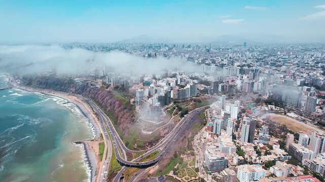 Aerial View of Miraflores Coastline and Costa Verde in Lima Peru