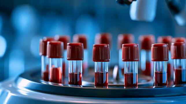 Blood samples in test tubes placed in a laboratory centrifuge for analysis