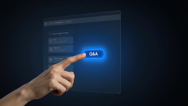 Q&A digital interface with glowing blue button, hand touching virtual screen for questions and answers, futuristic customer support technology
