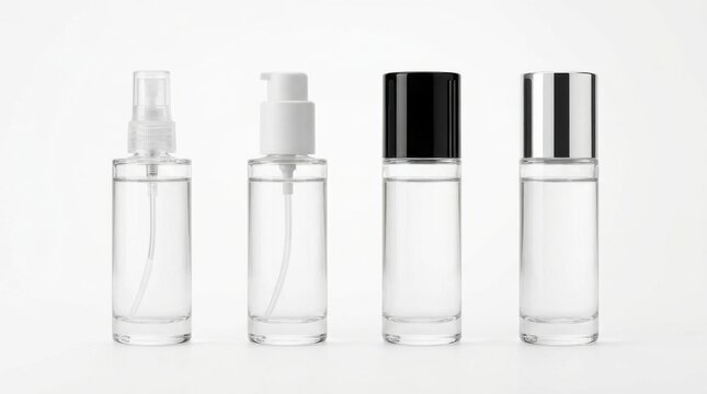 Clear glass cosmetic bottles with spray, pump dispenser, black and chrome caps filled with liquid for skincare packaging mockup