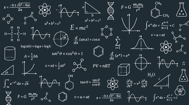 Seamless chalkboard texture filled with white chalk scientific formulas mathematical equations chemistry structures and physics notations in flat academic vector illustration for backdrop