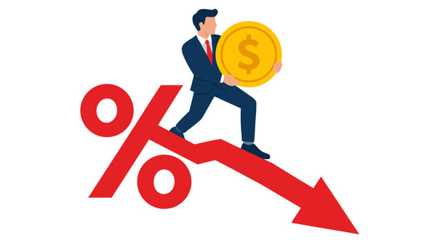 Businessman in navy suit balancing large gold dollar coin while walking down plunging red percentage arrow in flat economic recession and financial decline vector illustration on white backdrop