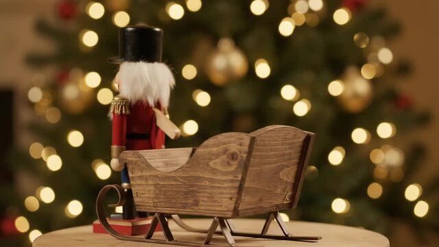traditional wooden nutcracker soldier and small sleigh against blurred christmas tree with glowing lights. winter holiday festive decoration. new year celebration greeting card