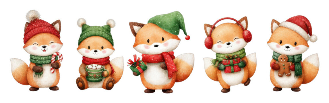 Cute PNG fox Christmas characters with transparent background