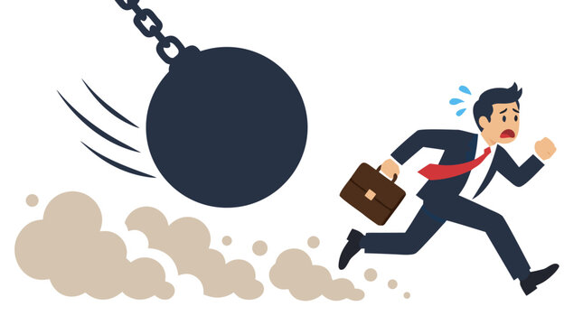 Panicked businessman carrying briefcase fleeing in terror from giant swinging demolition wrecking ball in flat economic crisis and corporate destruction vector illustration on white backdrop