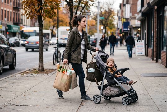 A mother pushes a stroller while holding grocery bags. They walk along a city street lined with shops. Other people and cars pass by on this autumn day