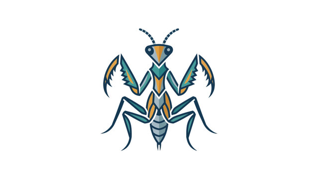 Stylized praying mantis icon with blue and grey tones.