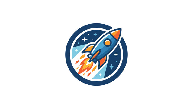 Stylized rocket ship launching into space within circular frame.