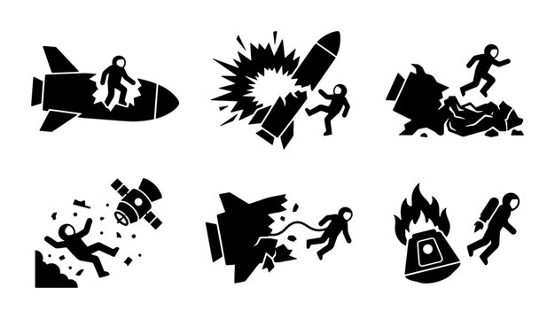 Astronaut Space Disaster Icons, Rocket Explosion, Spaceship Crash, Astronaut Falling, Spacecraft Debris, Space Travel Danger