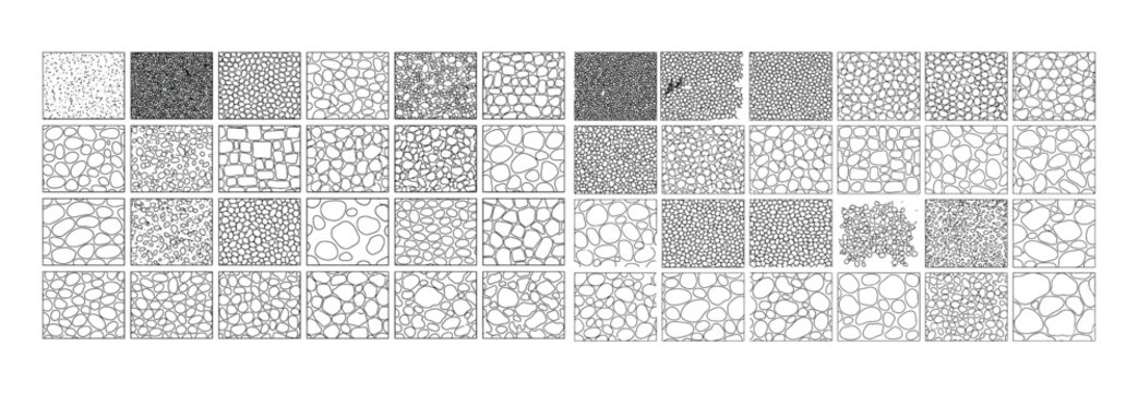Pebble and aggregate hatch patterns for architectural site plans, gravel, stone and ground surface textures for CAD landscape design and drafting