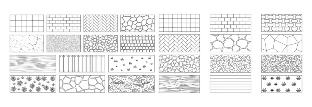 Landscape architecture CAD hatch pattern library, paving, stone, gravel, soil and ground textures for site plans, landscape design and technical drafting
