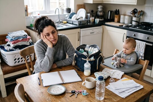 A mother sits at the kitchen table looking tired while attending to her baby. The kitchen is filled with laundry and baby supplies. The scene shows daily life and chores