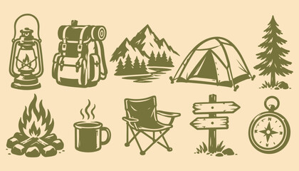 Camping and outdoor adventure icons set including backpack tent campfire and compass for travel and nature themes © Ghaffar.Arts