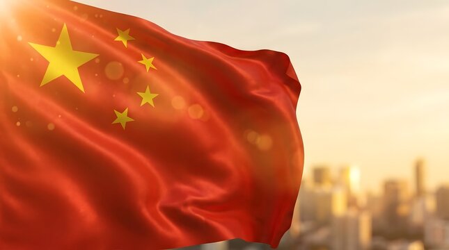 Waving flag of the people's republic of china with a blurred city skyline