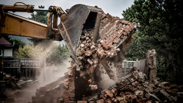 Excavator bucket demolishing brick wall of house. Heavy machinery working on construction site for building removal. Industrial equipment for urban site clearing and rubble disposal.
