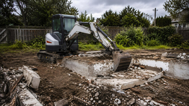 Mini excavator breaking concrete foundation at construction site. Heavy machinery working on building demolition and land clearing process. Industrial equipment for urban development.