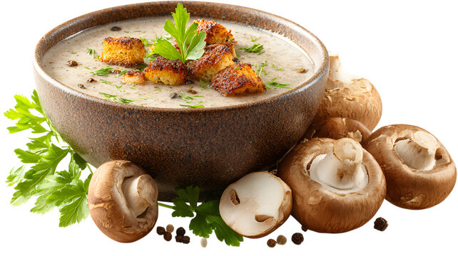Creamy mushroom soup croutons parsley served rustic bowl