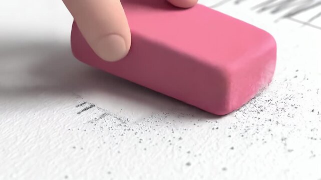 Close Up of Hand Erasing Pencil Marks on White Paper with Pink Rubber Eraser