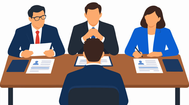 Three corporate hiring managers interviewing a male job candidate across conference table with paper resumes in recruitment evaluation and human resources meeting concept flat vector illustration