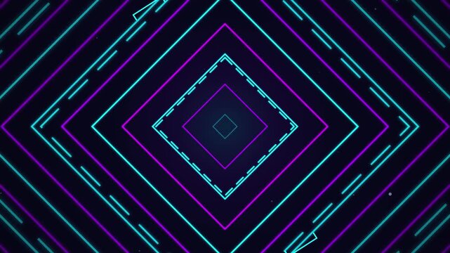 Symmetrical neon rhombus pattern with glowing cyan and magenta lines on dark background, abstract geometric tunnel effect
