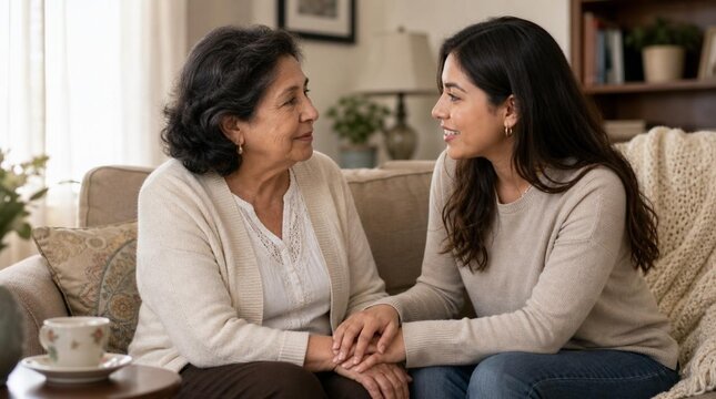 Older Hispanic woman and young adult woman seated on beige living-room sofa, holding hands and smiling warmly during intimate conversation in cozy home interior with tea cup