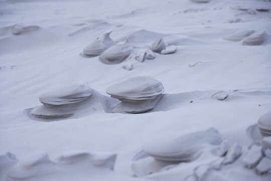 Sand pedestals are rising on dune field with pebbles, low ripples and soft diffuse light