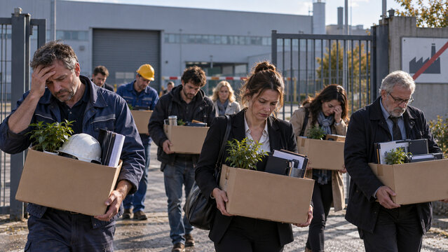 Laid off workers leaving factory with personal belongings after job losses