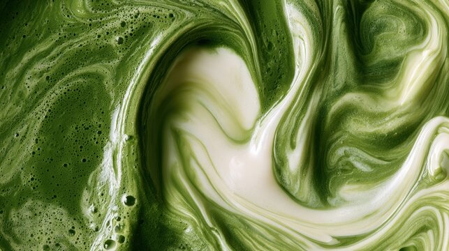 Bright green matcha tea blends with heavy ivory condensed milk showing smooth and slow swirls in a vivid mixture on a surface.