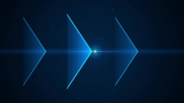 Abstract digital arrows composed of glowing blue particles moving forward on a dark technological background, representing progress and data transfer