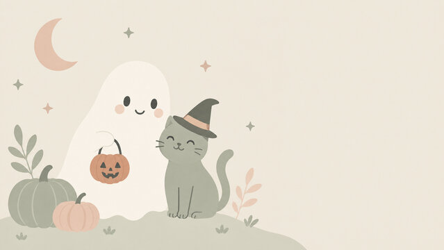 Minimalist Halloween background with cute ghost and cat, pastel autumn aesthetic with pumpkins and crescent moon, whimsical spooky season banner