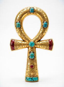 golden ankh with turquoise scarabs