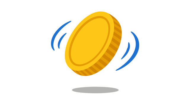 A single ribbed golden coin spins dynamically in midair framed by curved blue motion lines and casting a soft grey shadow against a clean white background in this vector illustration
