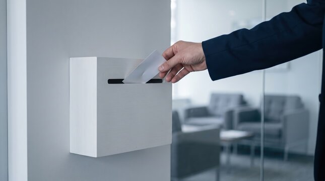 Closeup of a businessman in a suit inserting a white envelope into a wallmounted suggestion or feedback box in a office setting