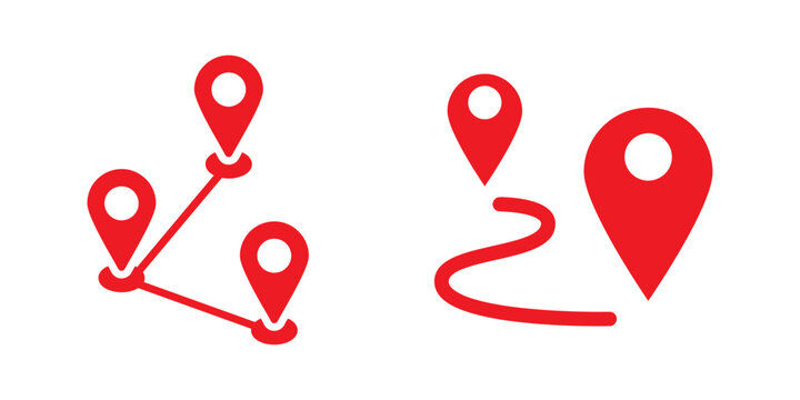 Red location pin route vector icon set isolated on transparent background