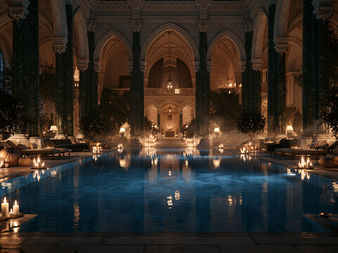 Grand vaulted stone indoor pool hall with dark marble columns, calm reflective water, candles and pale pumpkins for elegant Halloween styling.